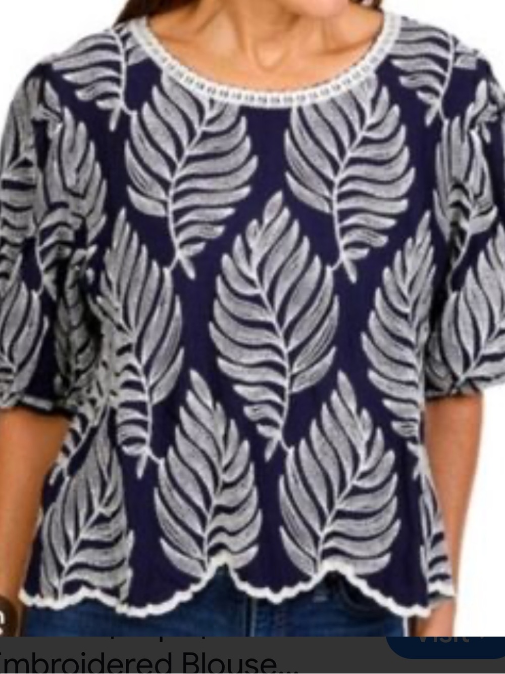 SOLITAIRE EMBROIDERED LEAF BLOUSE POUF SLEEVE SCALLOPED HEM NAVY BLUE RAYON SM